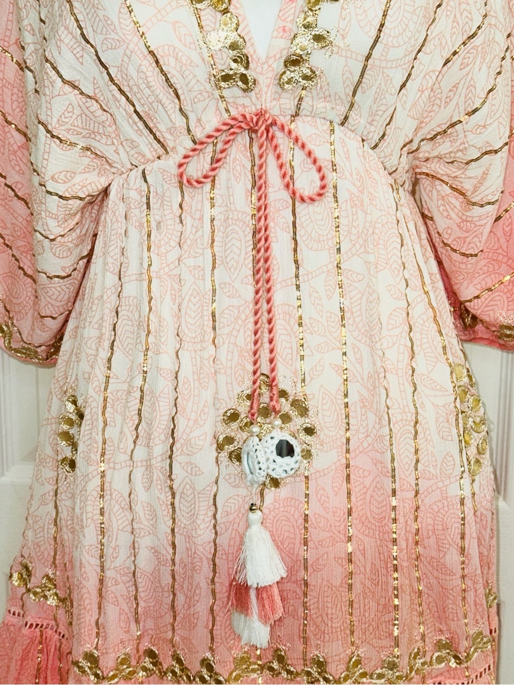 ZURY Boho Tassel Tie Pink Ombre Dress with Gold Trim (S) - Picture 2 of 8
